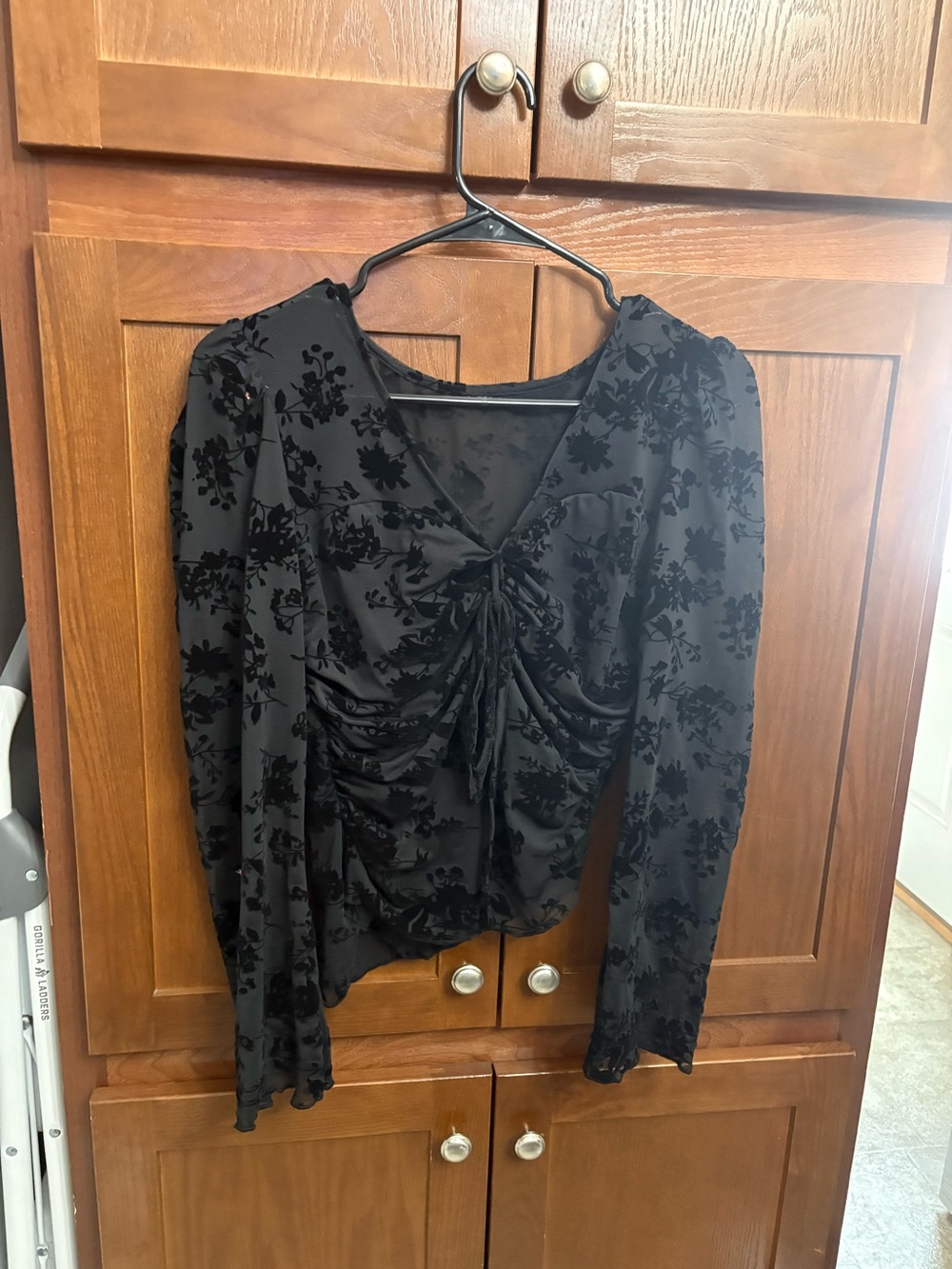 Black Floral Ruched V-Neck Blouse